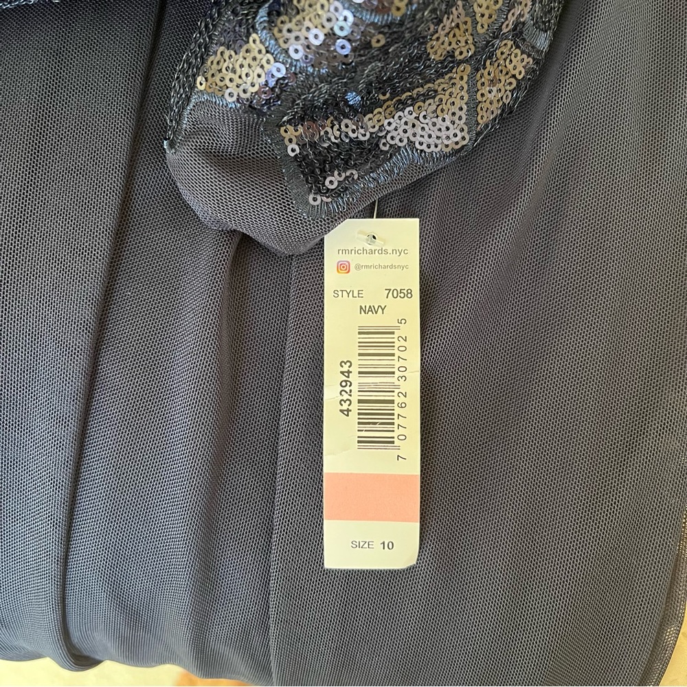 R&M Richards Navy Blue Sequined Bodice Short Sleeve Mesh Skirt Formal Dress - Picture 11 of 13